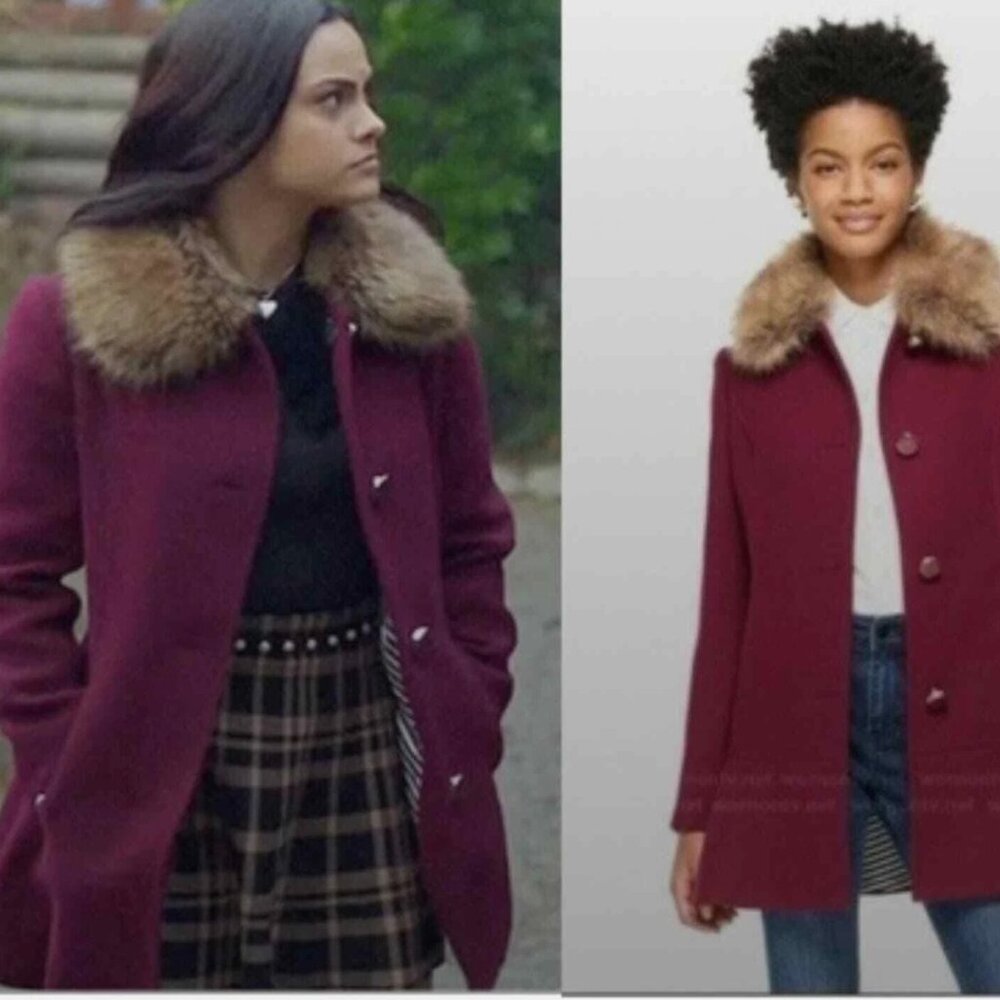 Kate Spade Coat Flounce Wool Peacoat Fur Hood in Maroon Size M - Picture 4 of 4